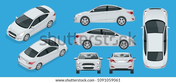 Set of Sedan Cars.\
Compact Hybrid Vehicle. Eco-friendly hi-tech auto. Isolated car,\
template for branding, advertising. Front, rear , side, top and\
isometry front and back