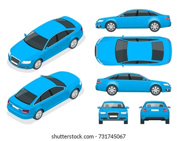 Conjunto de automóviles Sedan. Vehículo aislado, plantilla para la marca y publicidad. Delanteros, traseros, laterales, superiores e isométricos Delante y atrás Cambiar el color en un solo clic Todos los elementos en grupos en capas separadas