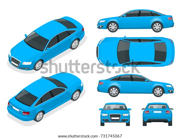 Set of Sedan Cars. Isolated car, template for\
branding and advertising. Front, rear , side, top and isometry\
front and back Change the color in one click All elements in groups\
on separate layers