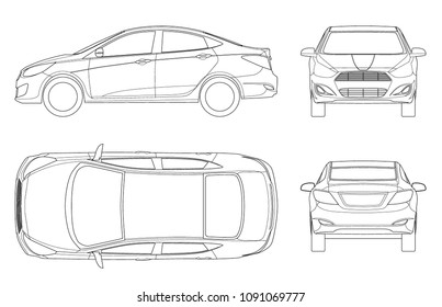 Set of Sedan Cars in outline. Compact Hybrid Vehicle. Eco-friendly hi-tech auto. Isolated car, template for branding and advertising. View front, rear, side, top. Vector illustration