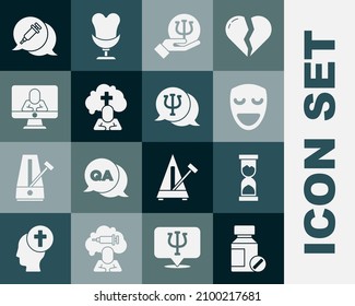 Set Sedative pills, Old hourglass, Comedy theatrical mask, Psychology, Psi, Man graves funeral sorrow, Psychologist online, Addiction to drug and  icon. Vector