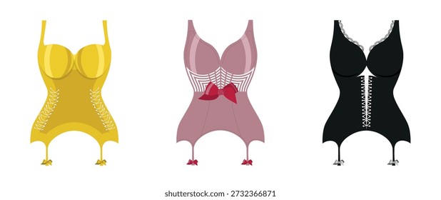 Conjunto de corsés de las mujeres seductoras en estilo de dibujos animados. Ilustración vectorial de corsés amarillos, rosados, negros de varios diseños: con cordones, lazo rojo, encaje, ligas para medias aisladas sobre fondo blanco.
