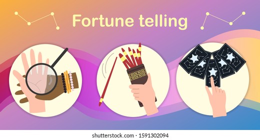 Set see various horoscope flat vector illustration,Horoscope handwriting,Fortune telling gypsy cards,chinese fortune telling sticks