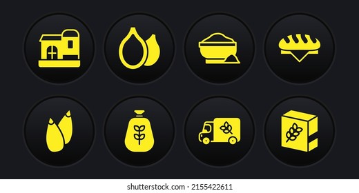 Set Seed, Bread loaf, Bag of flour, Flour truck, bowl, Pumpkin seeds, pack and Farm house icon. Vector