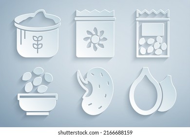 Set Seed, Pack Full Of Seeds Of Plant, Seeds In Bowl, Pumpkin,  And Bag Flour Icon. Vector