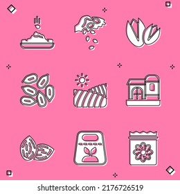 Set Seed, Pistachio nuts, Agriculture wheat field, Farm house,  and Pack full of seeds of plant icon. Vector