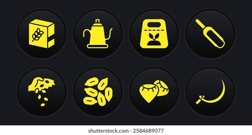 Set Seed, Scoop flour, Pack full of seeds of plant, Watering can, Sickle and Flour pack icon. Vector