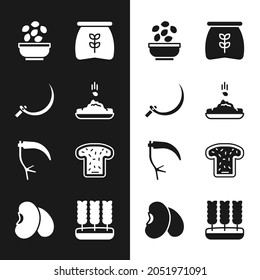 Set Seed, Sickle, Seeds In Bowl, Bag Of Flour, Scythe, Bread Toast, Wheat And Beans Icon. Vector