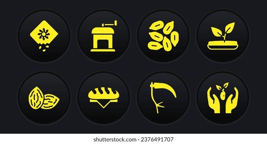 Set Seed, Sprout, Bread loaf, Scythe, Manual coffee grinder, Plant hand and Pack full seeds plant icon. Vector