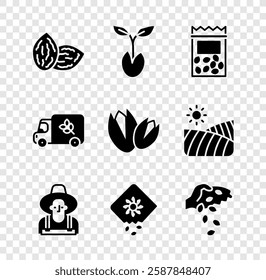 Set Seed, Sprout, Pack full of seeds of plant, Farmer in the hat, Flour truck and Pistachio nuts icon. Vector