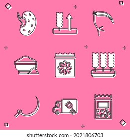 Set Seed, Wheat, Scythe, Flour bowl, Pack full of seeds of plant, Sickle and truck icon. Vector