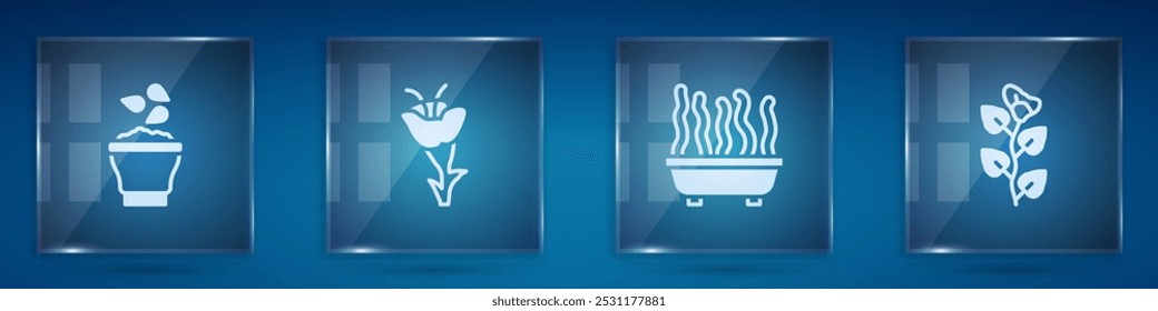 Set Seeds in bowl, Flower, Plant pot and Ivy branch. Square glass panels. Vector