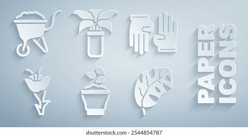 Set Seeds in bowl, Rubber gloves, Flower, Tropical leaves, Exotic tropical plant pot and Wheelbarrow with dirt icon. Vector