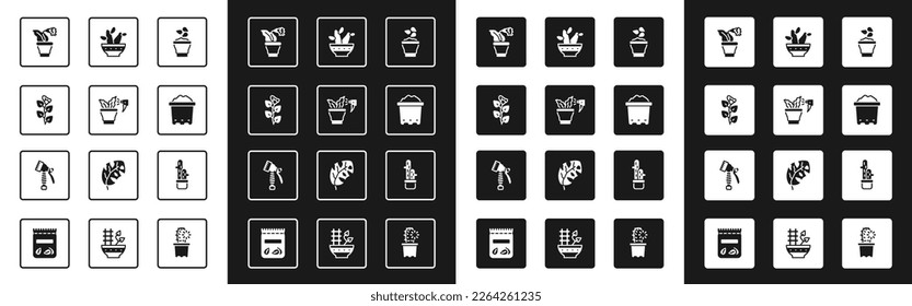 Set Seeds in bowl, Spraying plant, Ivy branch, Flower pot, Pot with soil, Cactus peyote,  and Water spray bottle icon. Vector