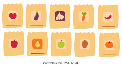 A set of seeds for growing vegetables and fruits in the garden: tomato, eggplant, garlic, carrot, pepper, apple, pear, pumpkin, potato. Eco-friendly production. Hand drawn vector illustration. Icon.