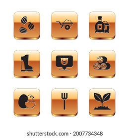Set Seeds, Little chick in cracked egg, Garden pitchfork, Pig, Waterproof rubber boot, Pack full seeds plant, Plant and Wheelbarrow with dirt icon. Vector