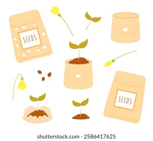 Set of seeds packets, seedling in paper cup, soil, sprout and flowers isolated on white background. Hand drawn flat cartoon vector collection. Concept of gardening and flowers growing