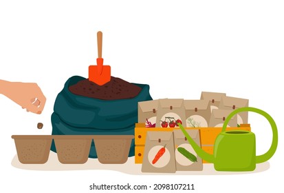 A set of seeds for planting, biodegradable pots, watering can and ground soil. Agriculture, vegetable growing, farming. Vector illustration.