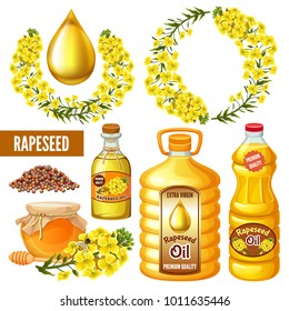 Set Of Seeds And Rape Flowers, Canola Oil, Honey. Brassica Napus. Isolated Vector Illustration  On White Background.