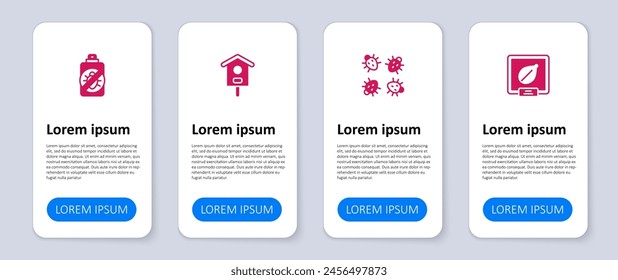 Set Seeds of specific plant, Colorado beetle, Bird house and Spray against insects. Business infographic template. Vector
