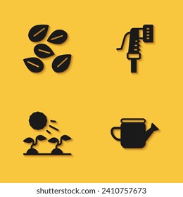 Set Seeds of specific plant, Watering can, Plant sprouts grow the sun and Garden hose icon with long shadow. Vector