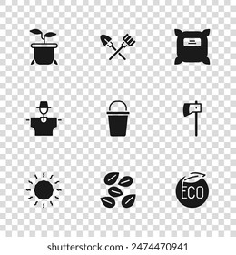 Set Seeds of specific plant, Wooden axe, Eco healthy food, Bucket, Pack full seeds, Plant in pot, Shovel and rake and Scarecrow icon. Vector