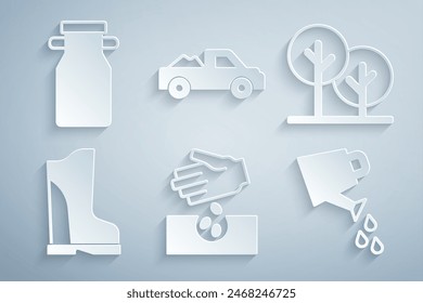 Set Seeds, Tree, Waterproof rubber boot, Watering can, Pickup truck and Can container for milk icon. Vector