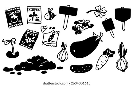set of seeds, vegetables, sprout, bee, earth, seedlings. Isolated illustration on white. Monochrome illustration in the form of flat doodles. a set of garden vegetable plants. Planting, plants, seeds.