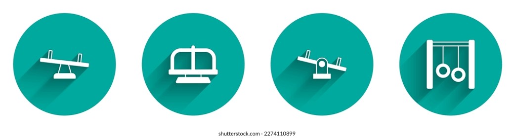 Set Seesaw, Attraction carousel,  and Gymnastic rings icon with long shadow. Vector