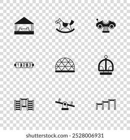 Set Seesaw, Attraction carousel, Sport horizontal bar, Playground climbing equipment, Swing, Sandbox with sand, Horse saddle swing and Education logic game icon. Vector