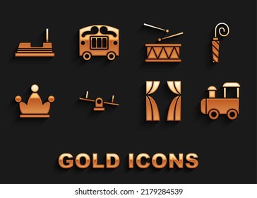 Set Seesaw, Birthday Party Horn, Toy Train, Circus Curtain Raises, Jester Hat With Bells, Drum Drum Sticks, Bumper Car And Wagon Icon. Vector