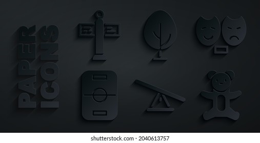 Set Seesaw, Comedy and tragedy masks, Hockey table, Teddy bear plush toy, Tree and Road traffic signpost icon. Vector