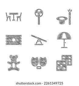 Set Seesaw, Comedy and tragedy masks, Game dice, Sun protective umbrella, Teddy bear plush toy, Ticket, Magic hat wand and Picnic table with chairs icon. Vector