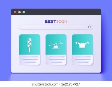 Set Seesaw, Corn dog and Jester hat with bells icon. Vector