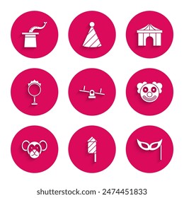 Set Seesaw, Firework rocket, Festive mask, Clown head, Monkey, Circus fire hoop, tent and Magician hat icon. Vector
