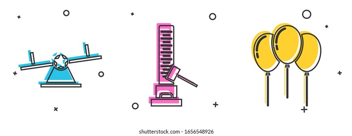 Set Seesaw, High striker attraction with big hammer and Balloons with ribbon icon. Vector