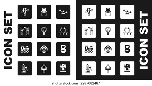 Set Seesaw, Lollipop, Circus curtain raises, Hot air balloon, Roller coaster, Magician hat and rabbit ears, Weight and Toy train icon. Vector