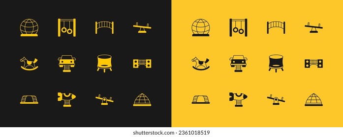 Set Seesaw, Swing plane, Jumping trampoline, car, Playground kids bridge, climbing equipment and Gymnastic rings icon. Vector