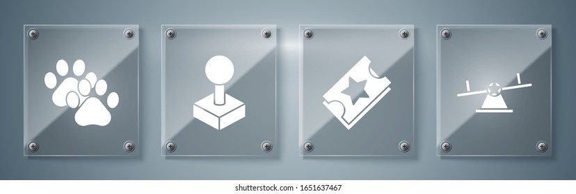 Set Seesaw, Ticket, Joystick for arcade machine and Paw print. Square glass panels. Vector