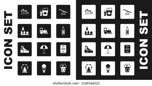 Set Seesaw, Toy Train, Bottles Ball, Roller Coaster, Of Water, Popcorn Box And Glass, Hockey Table And Water Slide Icon. Vector