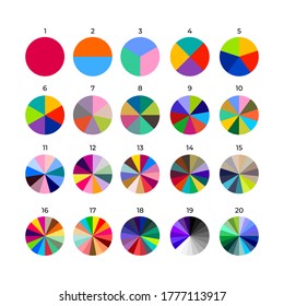 Set of segmented circles. Various number of sectors divide the circle on equal parts. Colored outline graphics. Vector illustration. Isolated on black background.