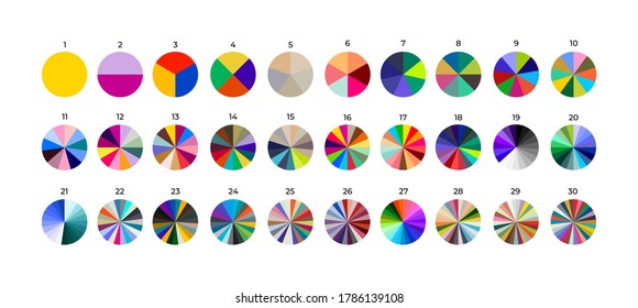 Set of segmented circles. Various number 0-30 of sectors divide the circle on equal parts. Colored outline graphics. Vector illustration. Isolated on black background.