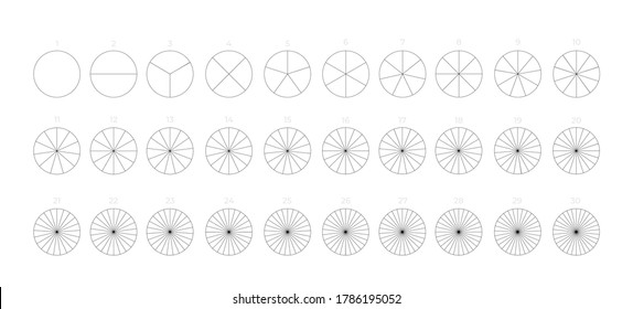 Conjunto de círculos segmentados. Varios sectores dividen el círculo en partes iguales entre 0 y 30. Gráficos de contorno delgados de línea negra. Ilustración vectorial. Aislado sobre fondo blanco.