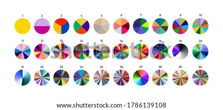 Set of segmented circles. Various number 0-30 of sectors divide the circle on equal parts. Colored outline graphics. Vector illustration. Isolated on black background.