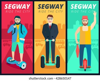 Set of segway scooters and people riding on city background for banner, poster or flyer design