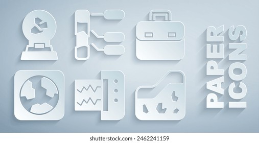 Set Seismograph, Briefcase, Earth globe, Ground, Soil analysis and Exhibition with minerals, rocks icon. Vector