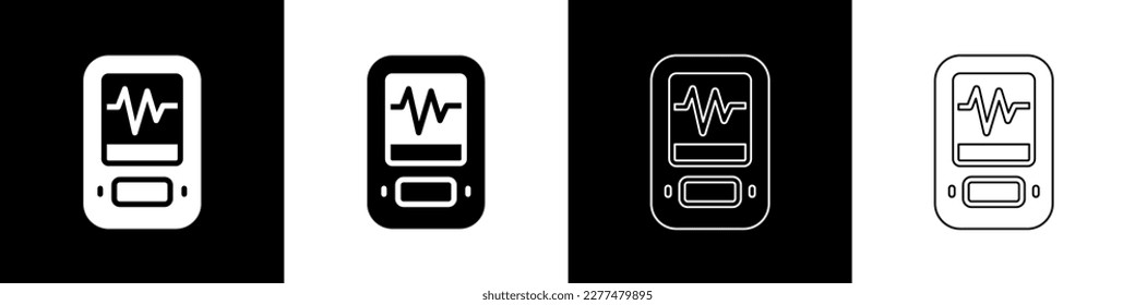 Set Seismograph icon isolated on black and white background. Earthquake analog seismograph.  Vector
