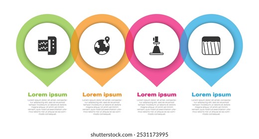 Set Seismograph, Location on the globe, Tacheometer, theodolite and Ground. Business infographic template. Vector