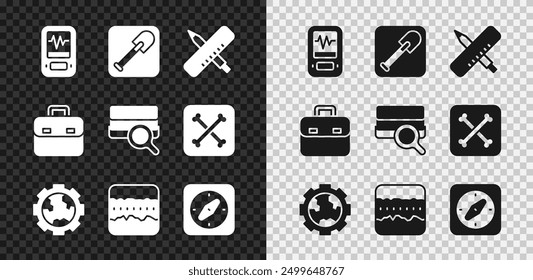 Set Seismograph, Schaufel, gekreuzter Lineal und Bleistift, Zahnräder Erde, Boden Bodenschichten, Kompass, Aktenkoffer und Analyse-Symbol. Vektorgrafik