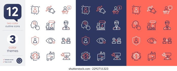 Set of Select user, People communication and Painter line icons. Include Podium, Security, Businessman person icons. Journey path, Touchscreen gesture, Global business web elements. Vector